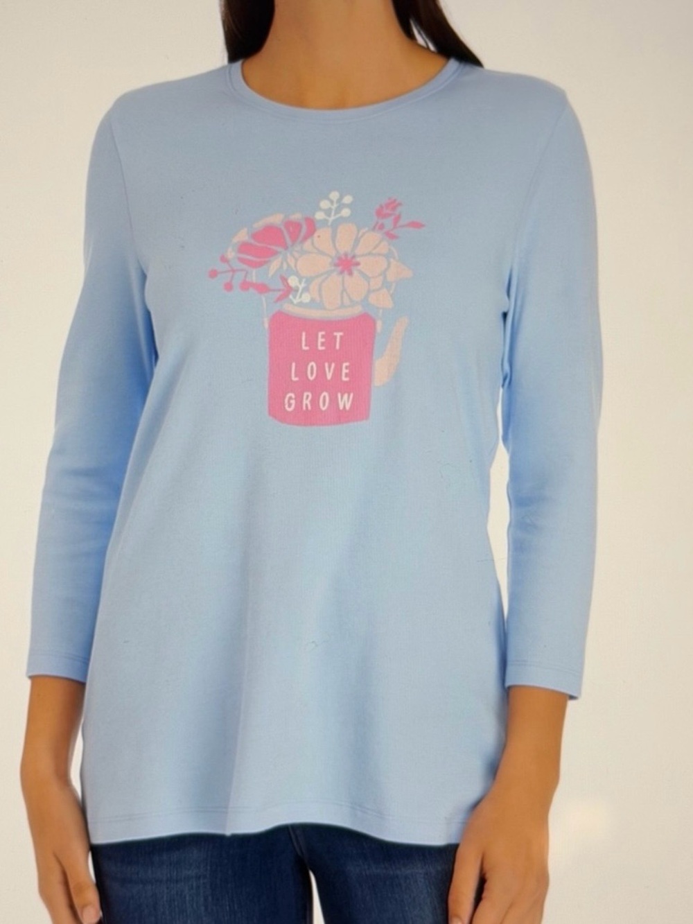 Kim Rogers Light Blue Floral Long Sleeve Tee 3/4 sleeve crew